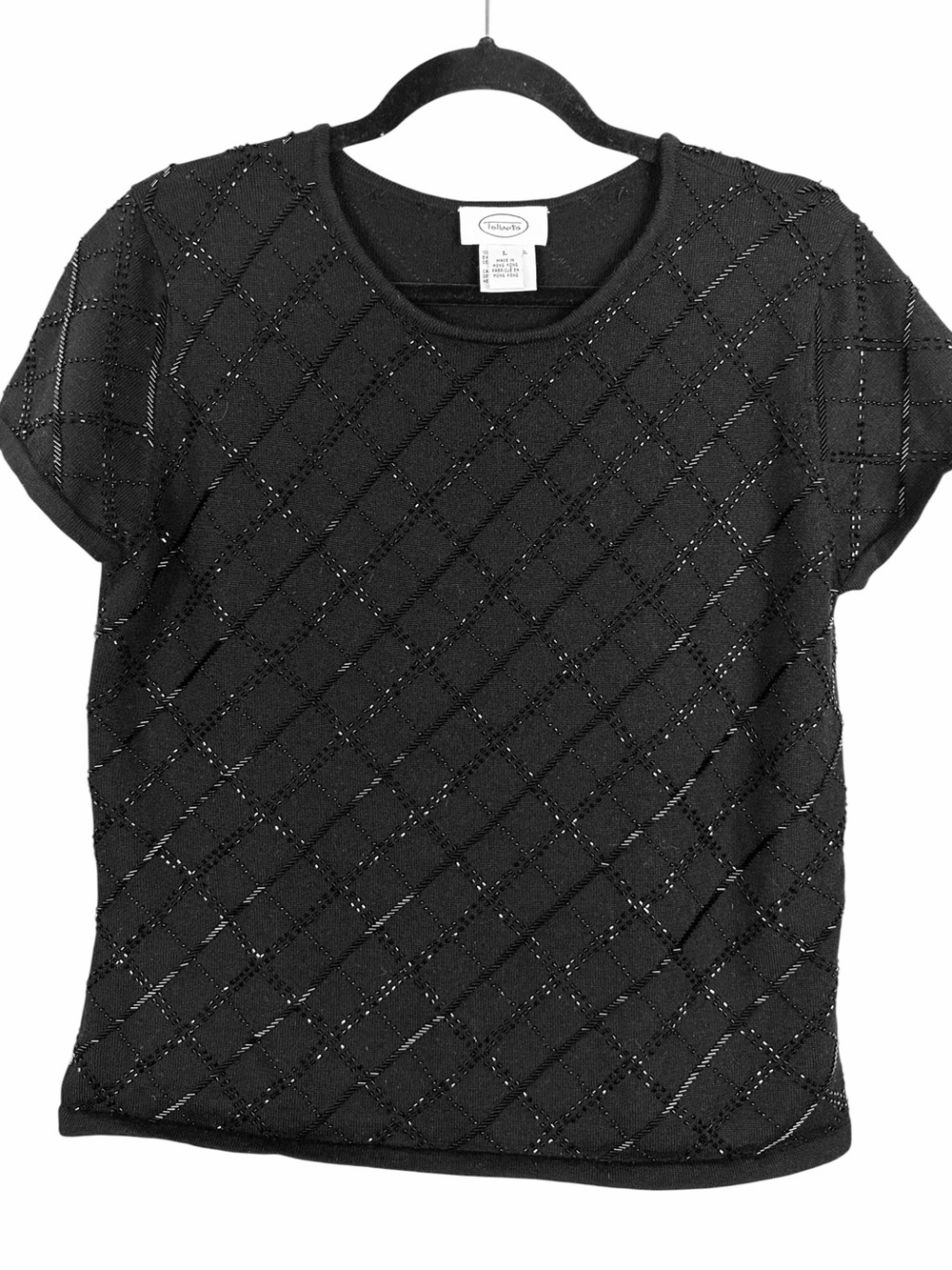 Vintage Talbots Black 100% Merino Wool Beaded Short Sleeve Sweater Large